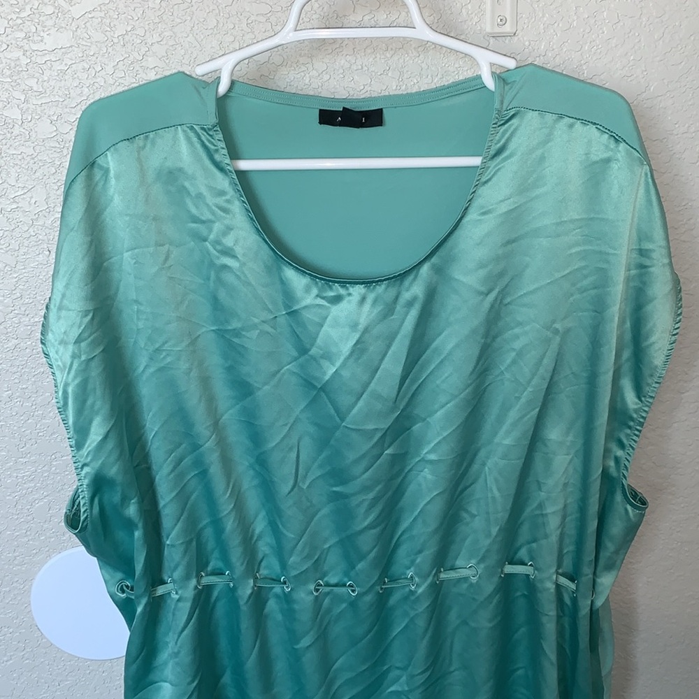 Alfani Aqua blue /green satin look mixed media drawstring blouse cap sleeve - Picture 6 of 9